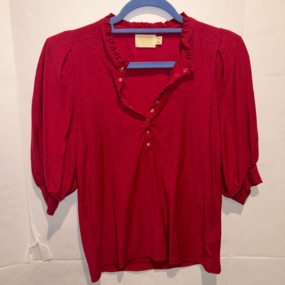 Nation LTD Puff Sleeve Snap Button Ruffle Detail Top